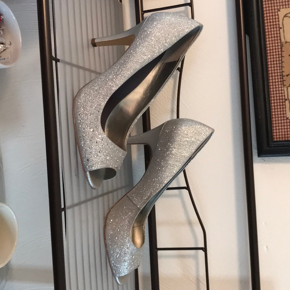 Peek a boo toe silver heels